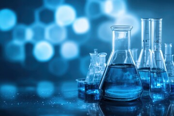 Glass Laboratory Equipment with Blue Liquid for Scientific Research Depicted with Soft Focus on Bokeh Background in Modern Laboratory Setting