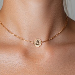 Close-up of a woman wearing a gold bitcoin necklace