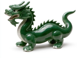 Fototapeta premium Green ceramic dragon figurine on white background