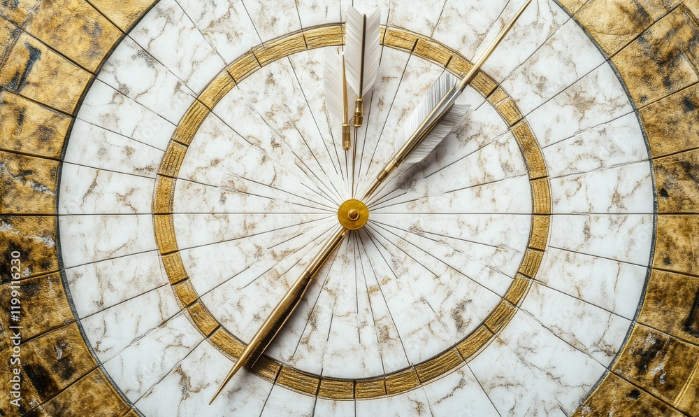 Poster golden arrow aim to dartboard target or goal of success isolated on white background with complete a