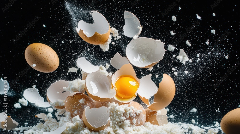 Poster a dynamic image of eggs exploding with shells and yolk, creating a lively splash of flour, set again