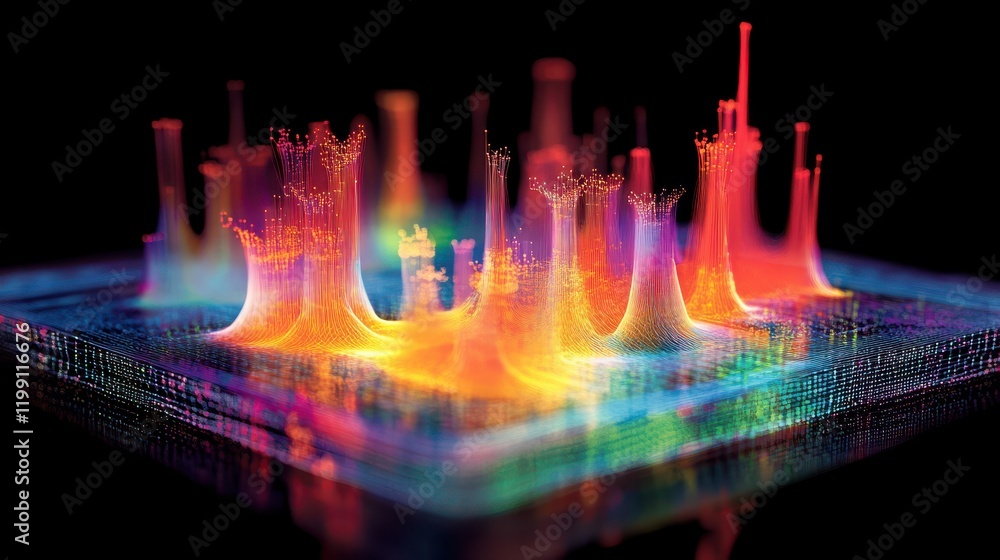 Poster visualize neon-infused grid data points urban digital art vibrant display abstract