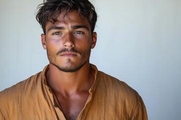 Fototapeta premium A close-up portrait of a young man with a serious expression, wearing a casual shirt.