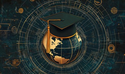 Graduated study abroad international Conceptual, Graduation hat on top Earth globe model map with Radar background. Congratulations to graduates, Studies lead to success in world wide. Back to School