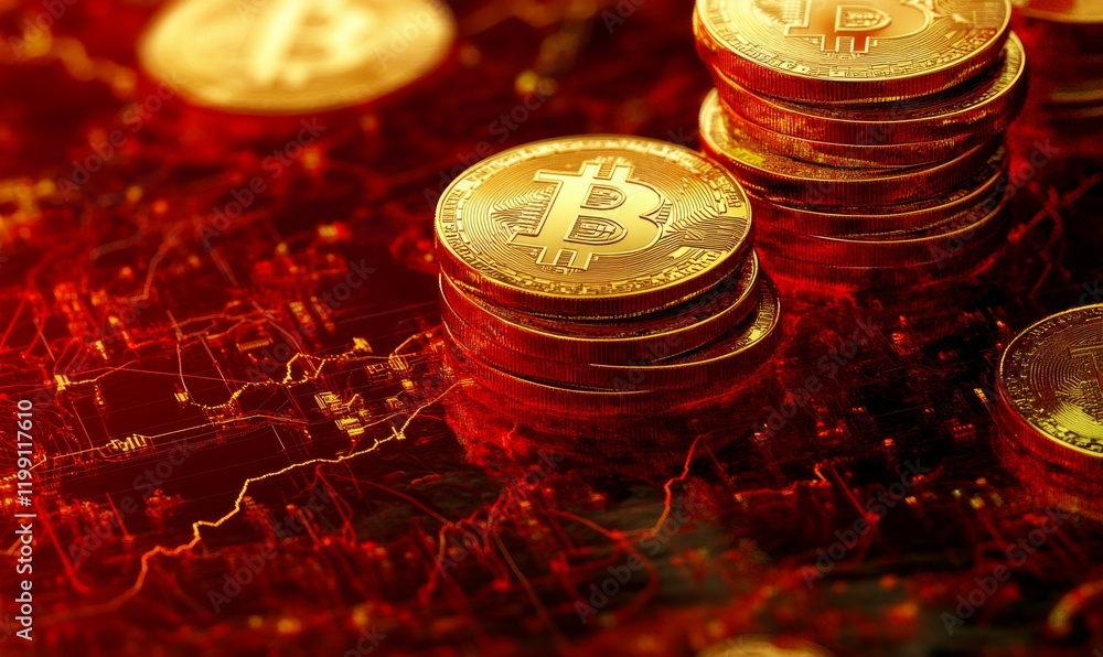 Poster golden bitcoins stacked with red liquid and graphs, symbolizing value