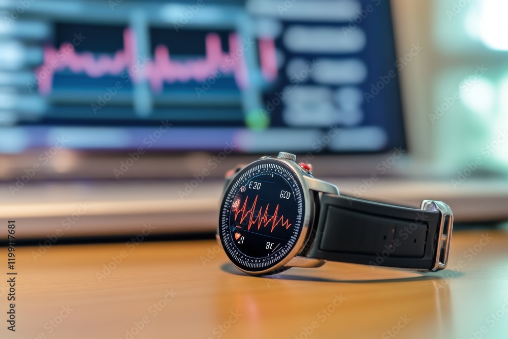 Poster smartwatch displaying heart rate data alongside a digital health monitor in a modern setting