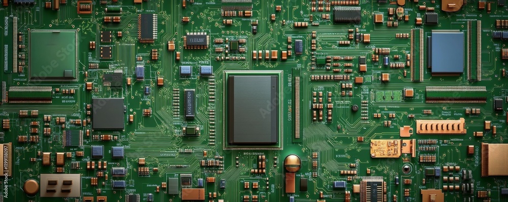 Poster green circuit board with microchips and electronic components in close-up view.