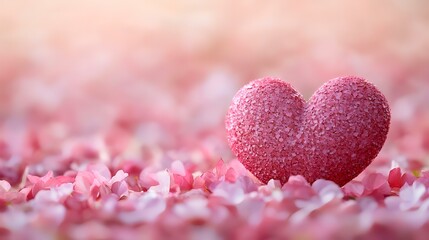 Fototapeta premium Pink heart amidst flower petals, soft sunlight background; romantic, Valentine's Day card
