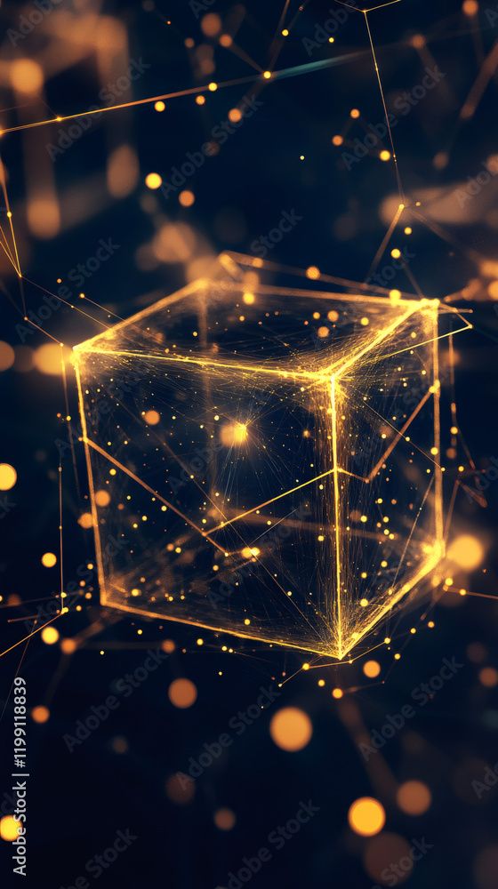 Poster complex network connections creating a glowing cube floating in digital space, representing digital 
