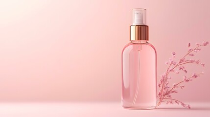 Naklejka premium Pink cosmetic spray bottle, floral detail, pink background, product mockup, beauty ad