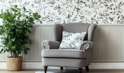 Grey Armchair with White Floral Wallpaper and Greenery in a Vase