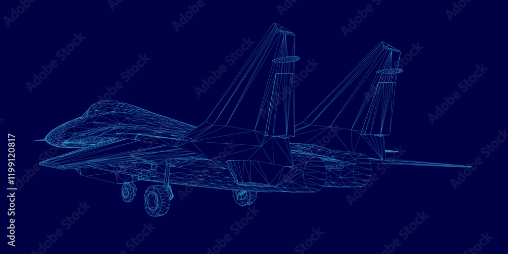 Poster blue computer generated image of a fighter jet. the jet is in the middle of the image and is surroun