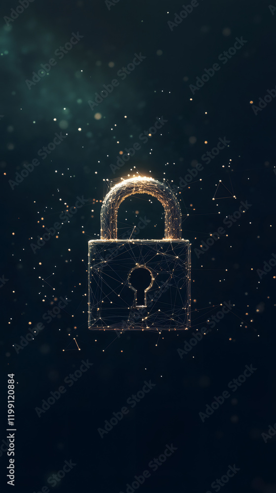 Aufkleber glowing polygonal padlock hovering in dark, particle-dense environment representing cybersecurity, d