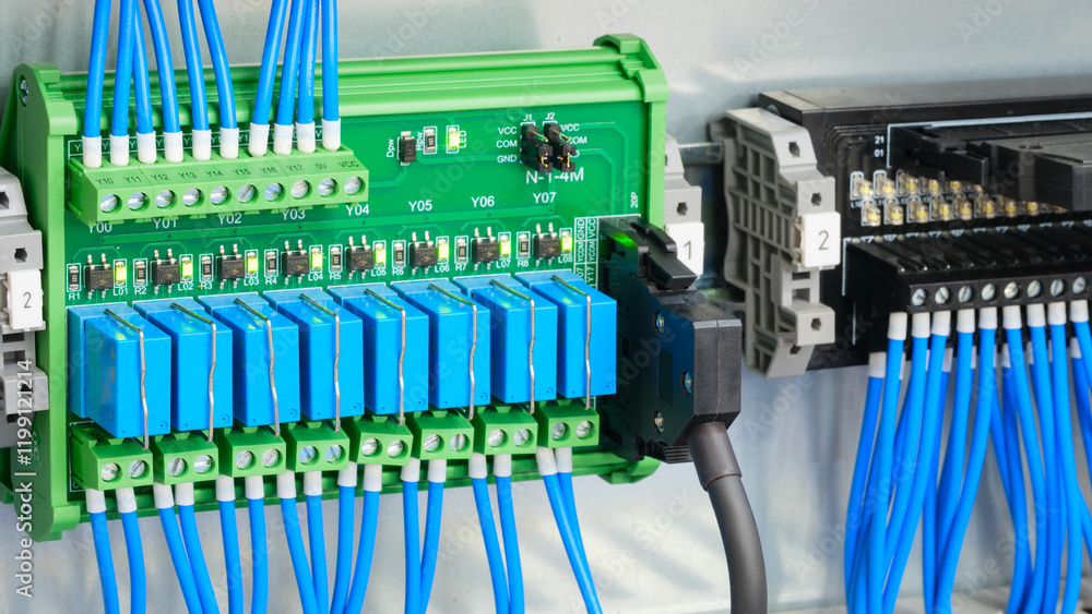 Poster A bunch of wires are connected to a device. The wires are blue and white. The device is a computer