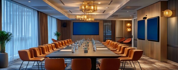 Modern conference room with large windows and contemporary furniture.