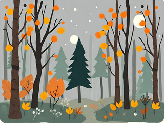 Artistic illustration. Children's drawing of a forest autumn landscape.