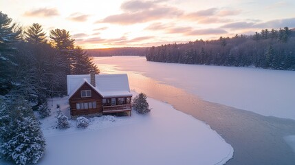 Winter cabin by frozen lake at sunset