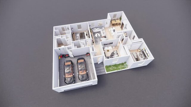3D Floor Plan Animation: Modern 3-Bedroom House with 2 Bathrooms, Kitchen, and Living Room