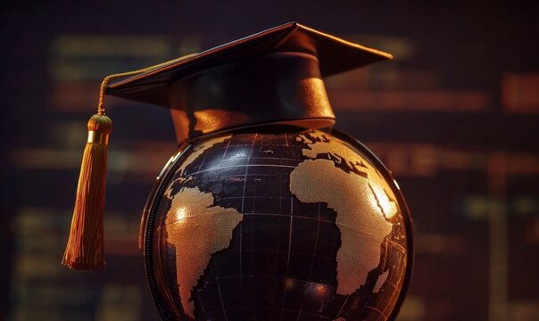 Graduated study abroad international Conceptual, Graduation hat on top Earth globe model map with Radar background. Congratulations to graduates, Studies lead to success in world wide. Back to School