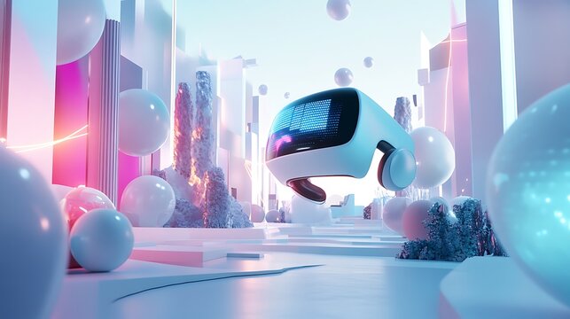 Futuristic VR headset flies over surreal city. - Powered by Adobe