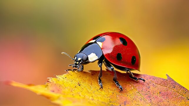 Ladybug crawling on leaf in autumn forest