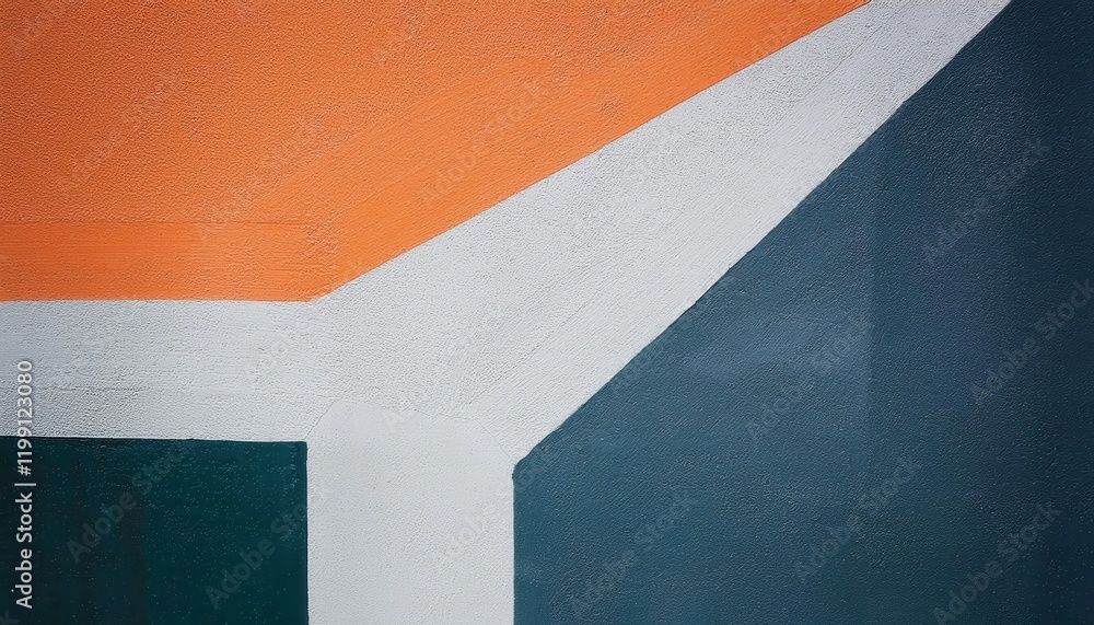 Poster abstract geometric wall design with bold orange, teal, black, and white shapes forming dynamic angul