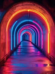 Neon lit arched tunnel walkway at night with colorful lights