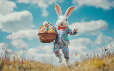 Easter bunny running in suit with basket full of easter eggs