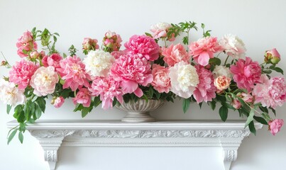 Home interior floral decor with pink peonies on shelf. Front view blank mock up of photo frame.