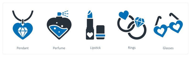 A set of 5 valentine's day icons as  pendant, perfume, lipstick