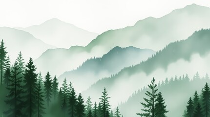 Fototapeta premium Foggy watercolor mountains, hills and trees. mountains in the fog