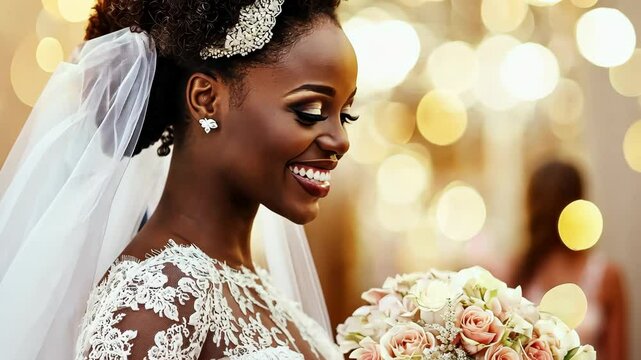 Smiling bride in lace wedding dress holding pastel bouquet with glowing bokeh lights in elegant indoor setting, symbolizing romance and celebration