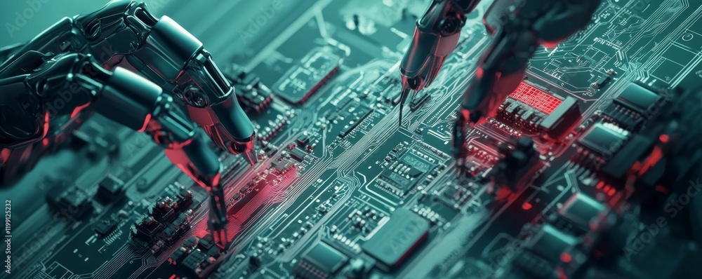 Poster robotic arms operating on circuit board in futuristic laboratory setting.