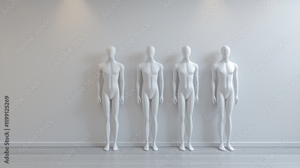 Poster four elegant mannequins stand side by side against a clean white backdrop, highlighting their sleek 