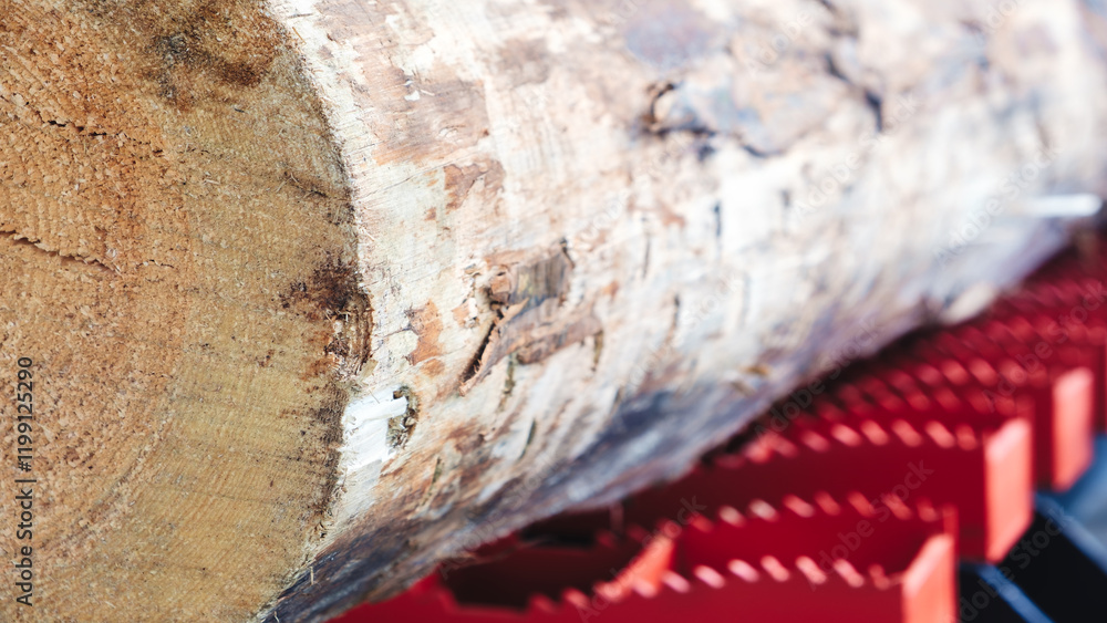 Aufkleber A large log is being cut into smaller pieces. The log is surrounded by red and black tools