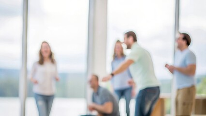 Obraz premium Company Retreat Blur – A blurred background showing a company retreat with employees engaging in group activities. 