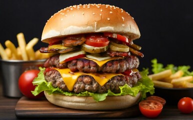 hamburger on a wooden table
