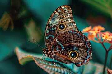Blue morpho butterfly with intricate wing patterns resting on a leaf in a lush, tropical setting