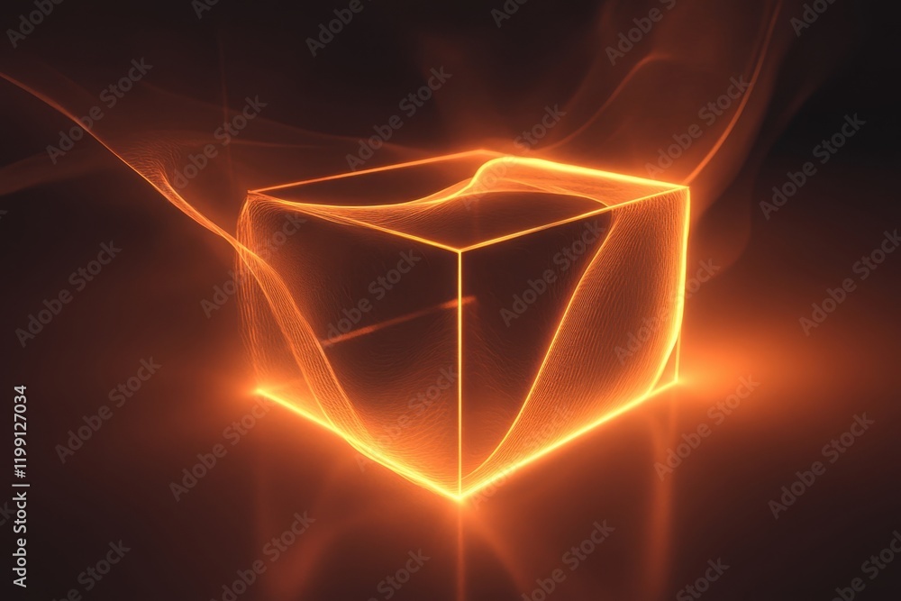 Poster illuminated abstract cube with glowing lines and swirls in dark background