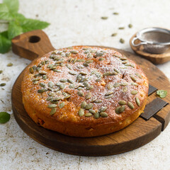 Homemade pumpkin pie with seeds