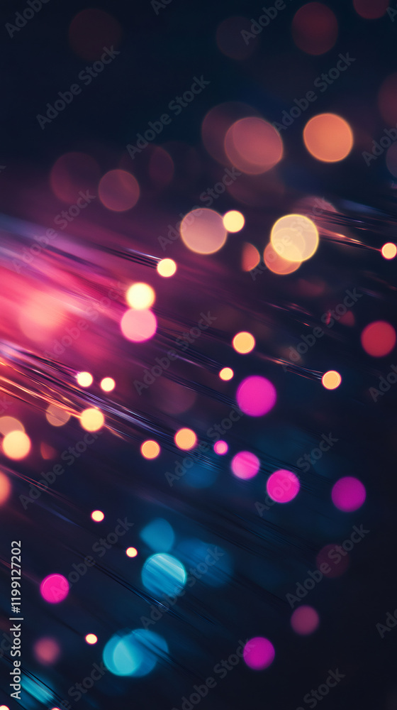 Poster fiber optic cables transmitting data creating a beautiful bokeh effect with colorful lights