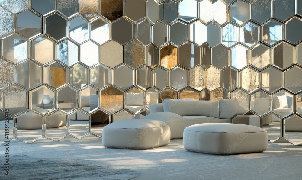 Poster hexagonal mirrors creating a 3d effect in a luxurious interior, hexagonal patterns, reflective surfa