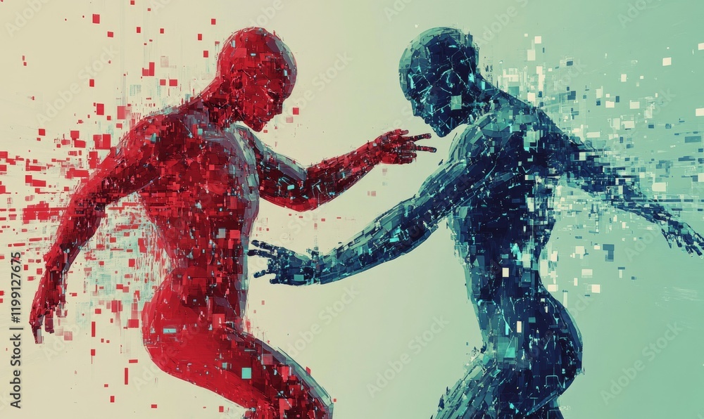 Poster image depicts two human figures, one in red and other in blue, representing digital or cybernetic th