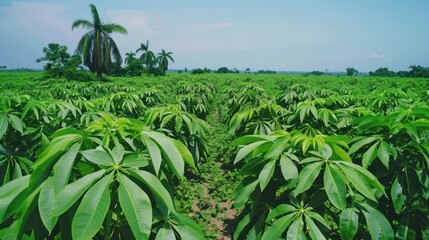 A thriving cassava field with tall, green plants stretching into the horizon under the tropical sun, showcasing abundance and healthy growth