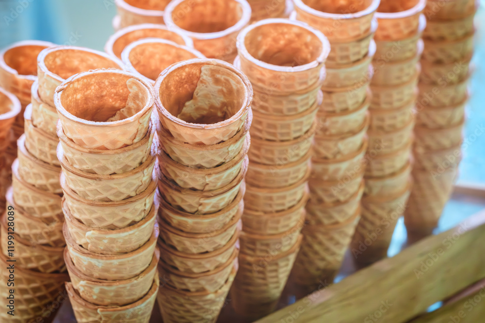 Aufkleber a stack of ice cream cones with a wooden box underneath. the cones are stacked in rows and are all t