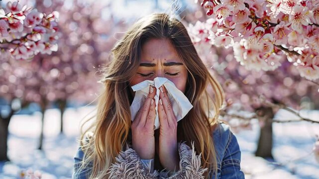 Allergy Season: A young woman sneezes into a tissue, her eyes watery and her face flushed, surrounded by a vibrant display of pink cherry blossoms in full bloom.