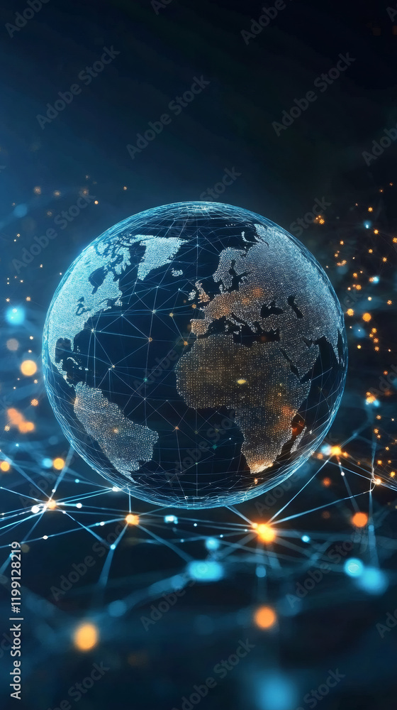 Aufkleber Digital world map showing connections between continents forming a global network with glowing lines and dots