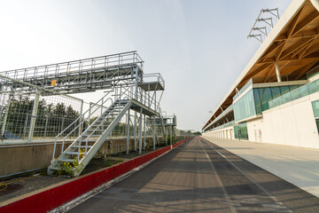 The pit lane of the Circuit Gilles Villeneuve. Notre Dame Island, Montreal, Quebec, Canada.