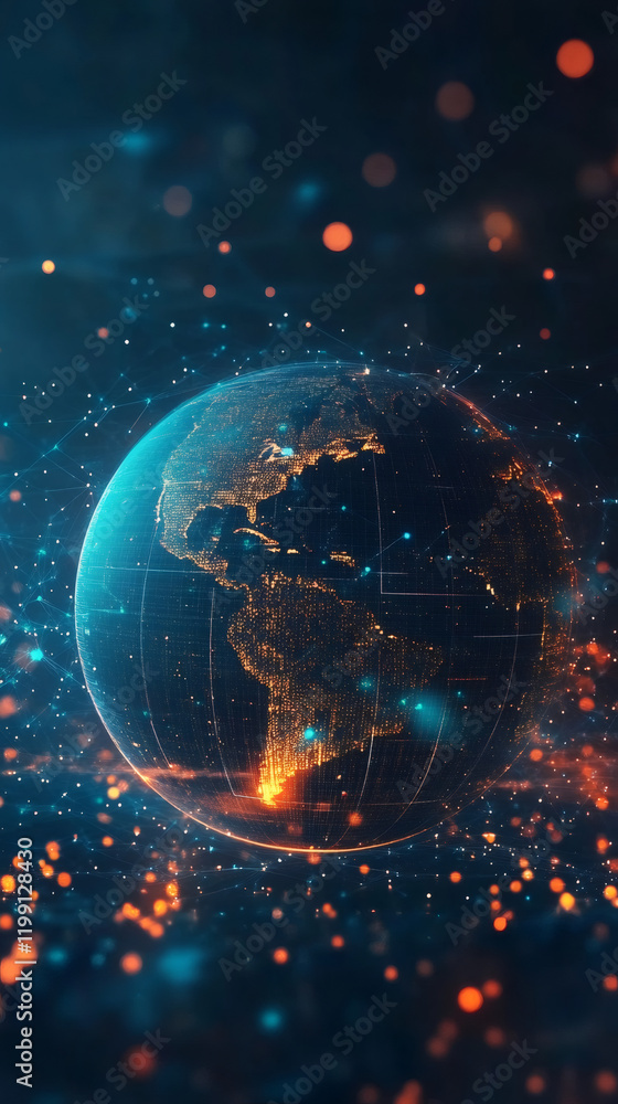 Poster Digital world globe rotating with network and data connections, symbolizing global communication and information exchange