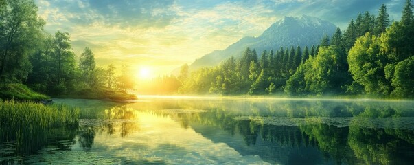 Fototapeta premium Tranquil sunrise over mountain lake with forest reflections.